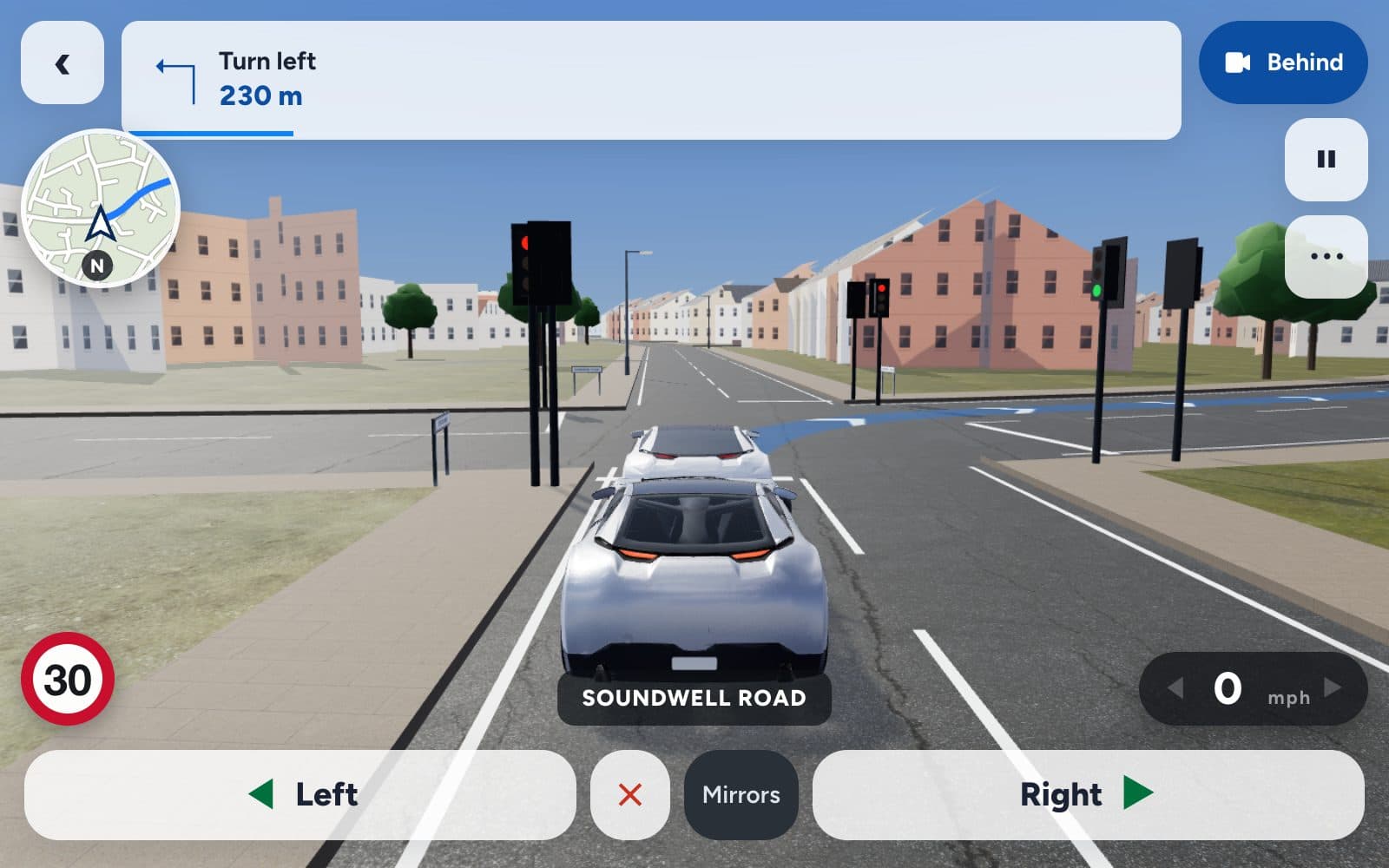 Driving a practice route in 3D, queuing at a red traffic light