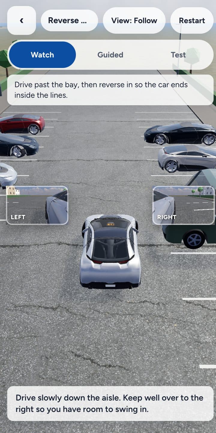 Reverse bay park in the 3D parking simulator, in a car park lined with parked cars