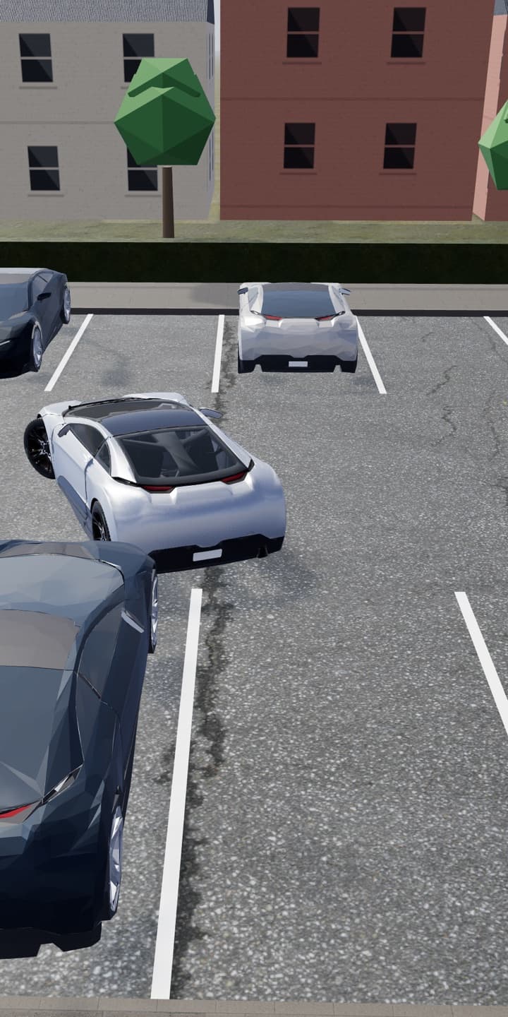 Reverse bay park in the 3D parking simulator, the car reversing at an angle into a bay