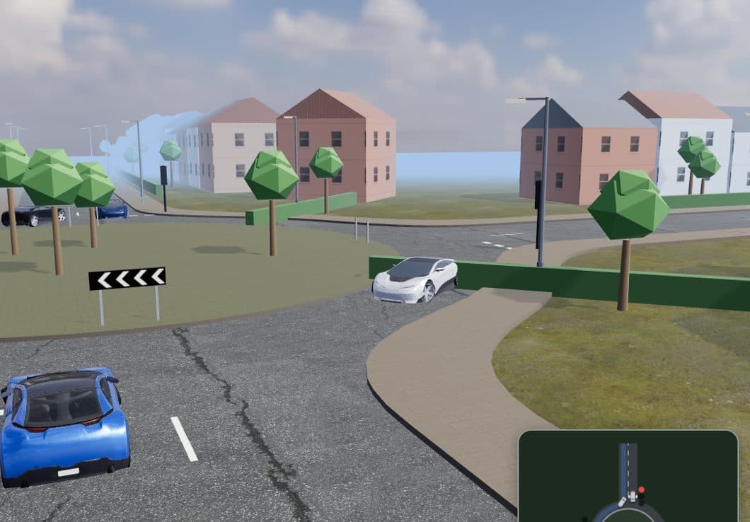 Approaching a signal-controlled roundabout in the 3D simulator