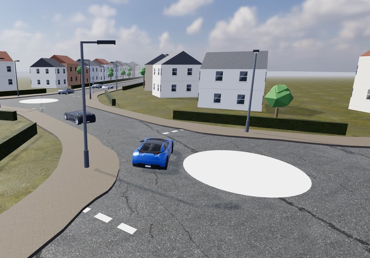 Approaching a mini roundabout on a magic roundabout in the 3D simulator