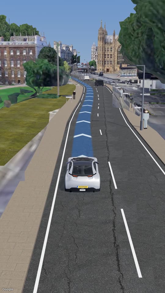The PassRank simulator in real-town 3D: a learner car on a Westminster road, the blue route line ahead and the Houses of Parliament behind.